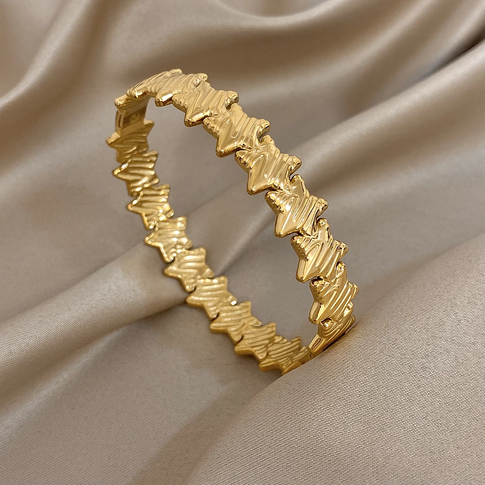 

Creative Gold Color Star Stainless Steel Bangle Bracelet Women Trendy Pentagram Geometric Open Spring Bangle Waterproof Jewelry