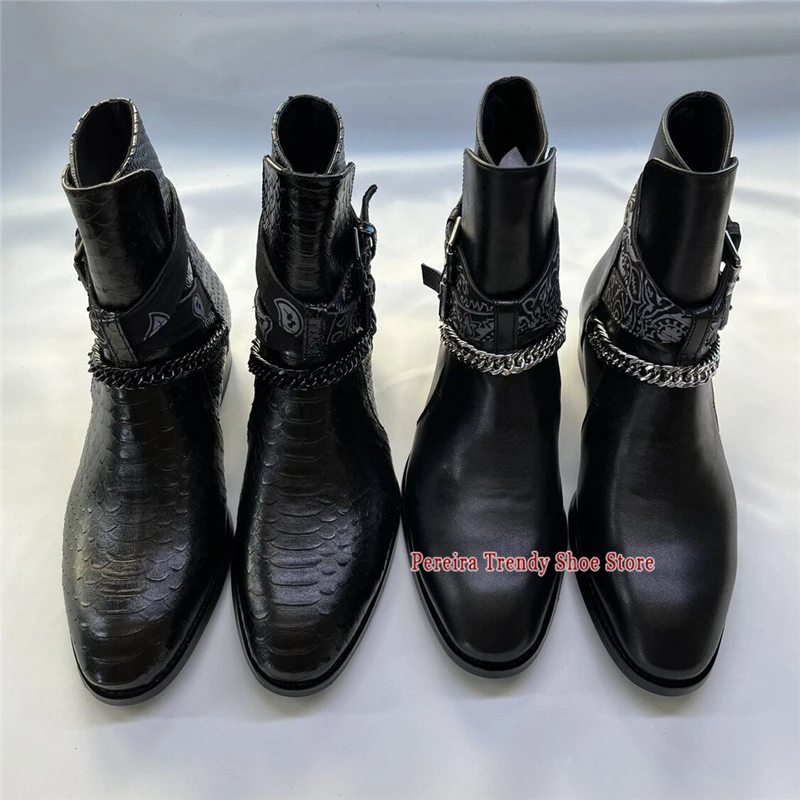Autumn Winter Snake Print Chelsea Boots Trendy Black Cowhide Chain Strap Buckle Block Heel Cowboy Boots Men Party Dress Shoes