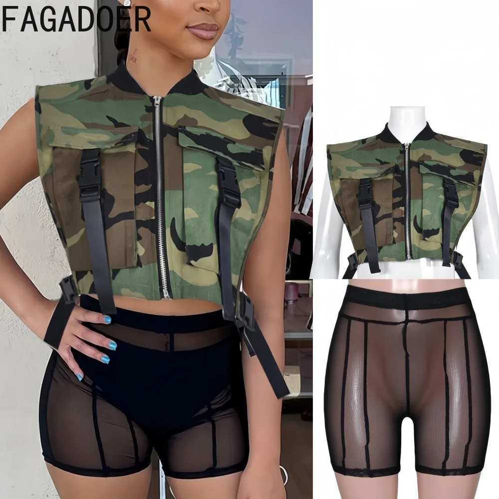 

FAGADOER Весенний новый сексуальный комплект из 2 предметов для женщин: укороченный топ без рукавов с камуфляжным принтом и сетчатые шорты, женская уличная одежда в стиле Y2K 2026