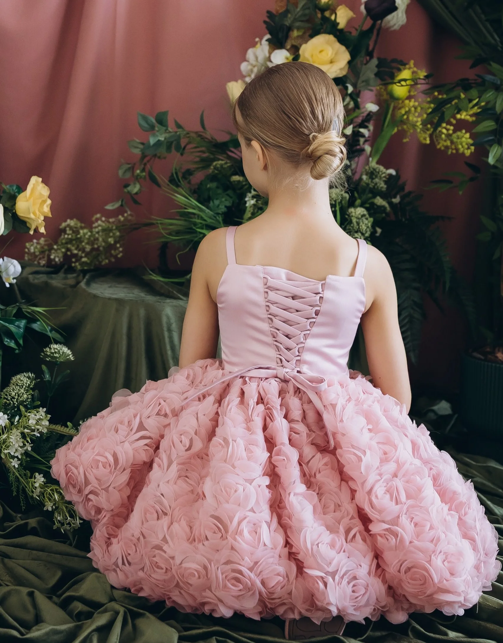 Pricess Pink Flower Girl Dresses for Wedding 3D Flowers Knee Lenght Kids Birthday Party Dress First Communion Ball Gown Custom