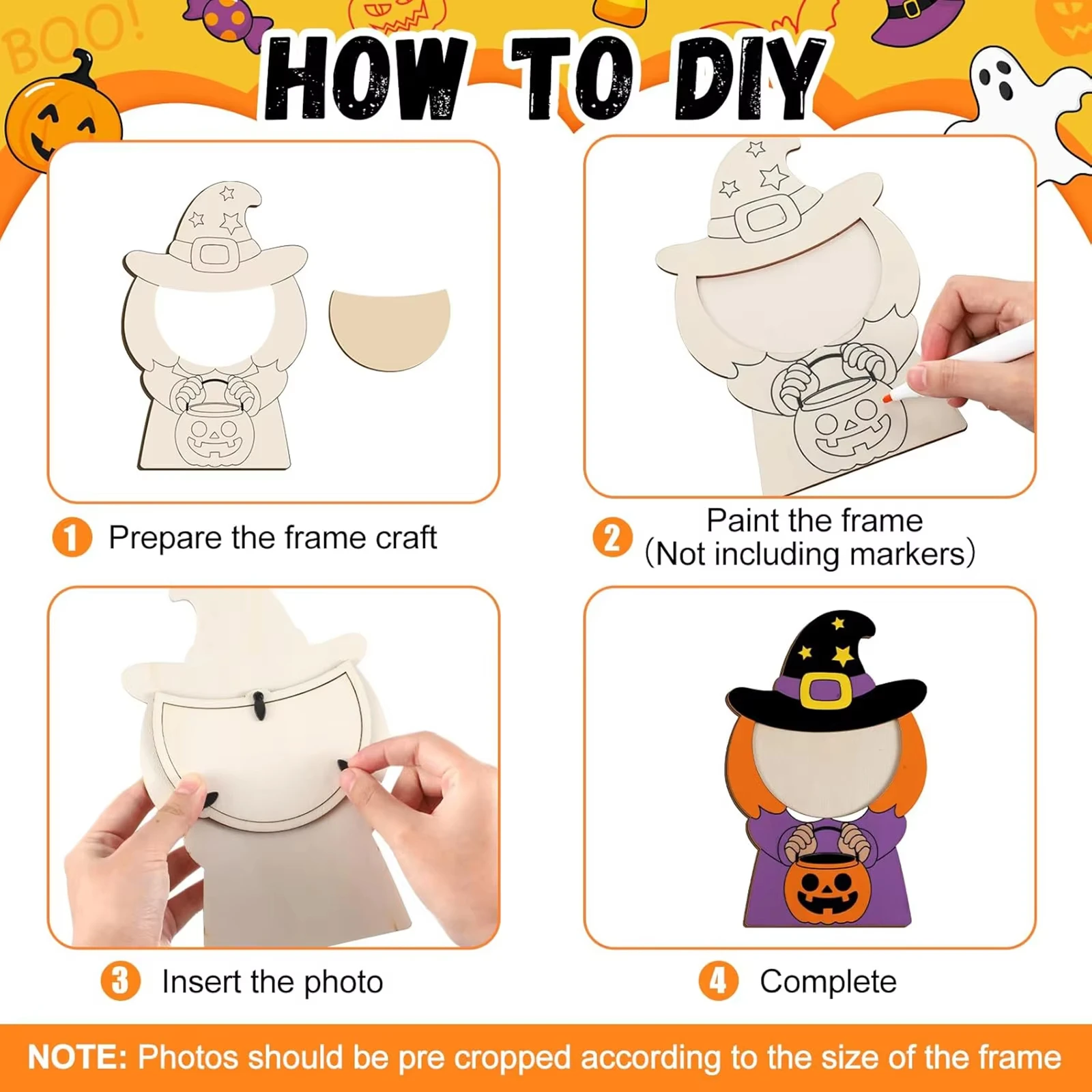 1/4pcs Halloween Atmosphere Wooden Ornaments Creative Wooden Crafts DIY Doodle Photo Frame Ornaments DIY Craft Kits
