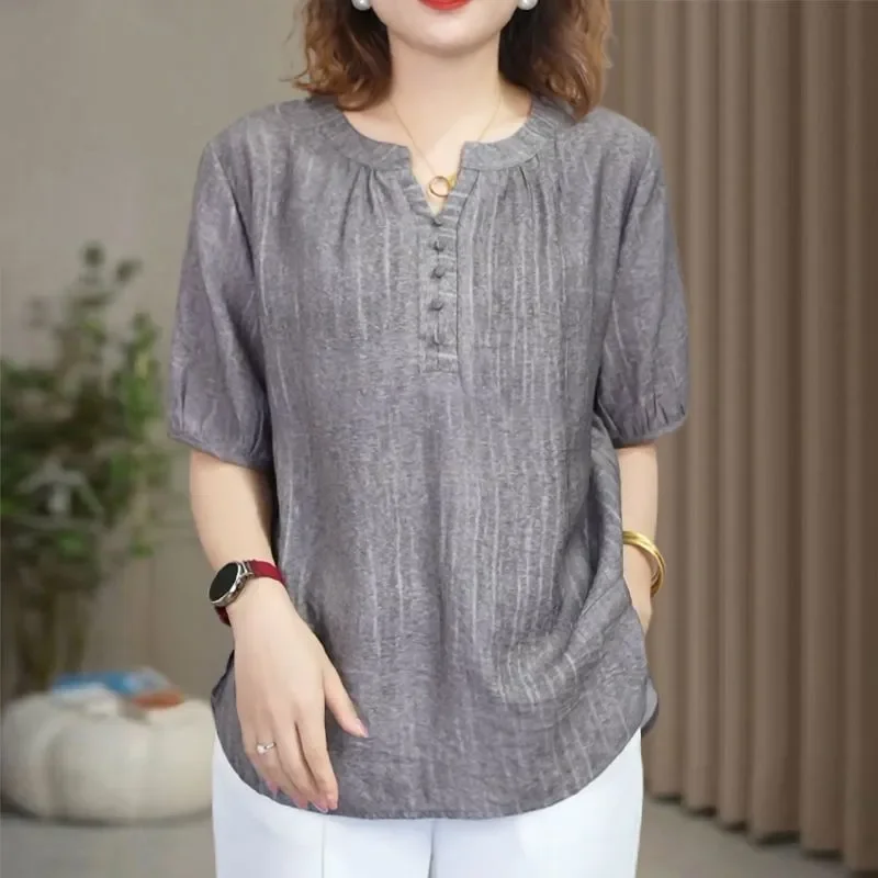 Women Casual V Neck Short Sleeve T Shirt Plus Size Loose Solid Color Elegant Blouse Summer Versatile Mature Ladies Tops