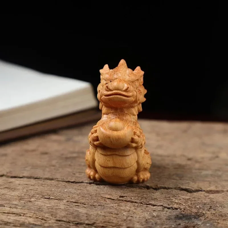 Solid Wood Small Fire Dragon Ingot Fortune Statue Natural Wooden Hand Carved Cute Home Room Mini Feng Shui Decoration Statue