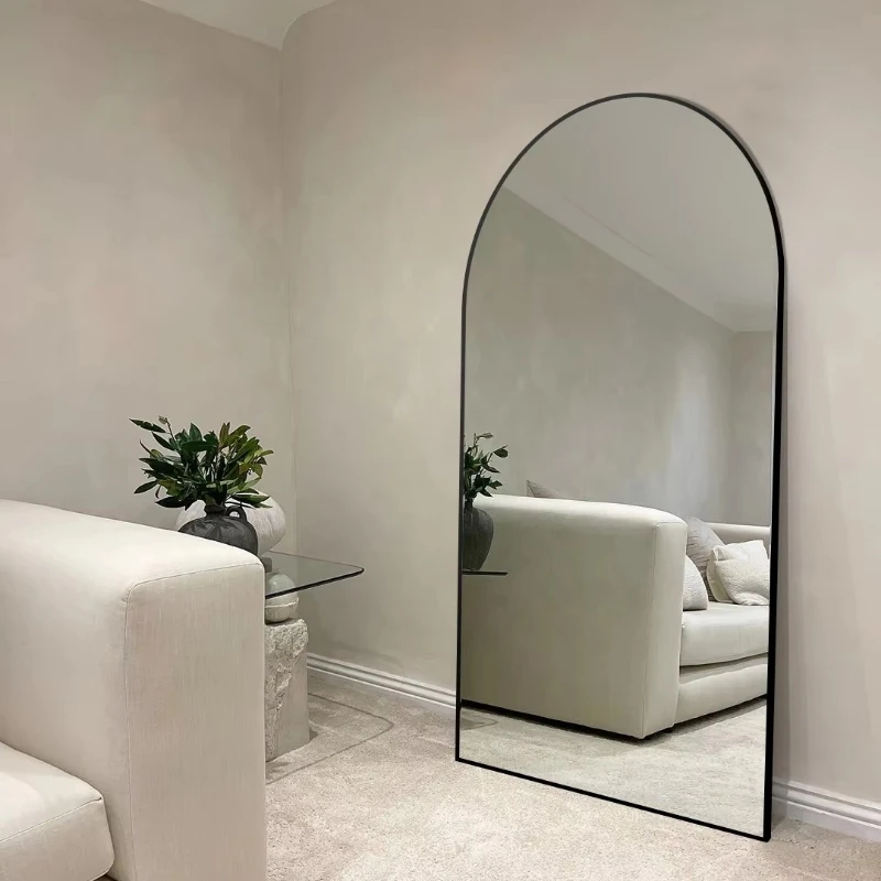 

Modern oversized arched full-length mirror silver metal-framed floor-to-ceiling mirror with lamp decoration