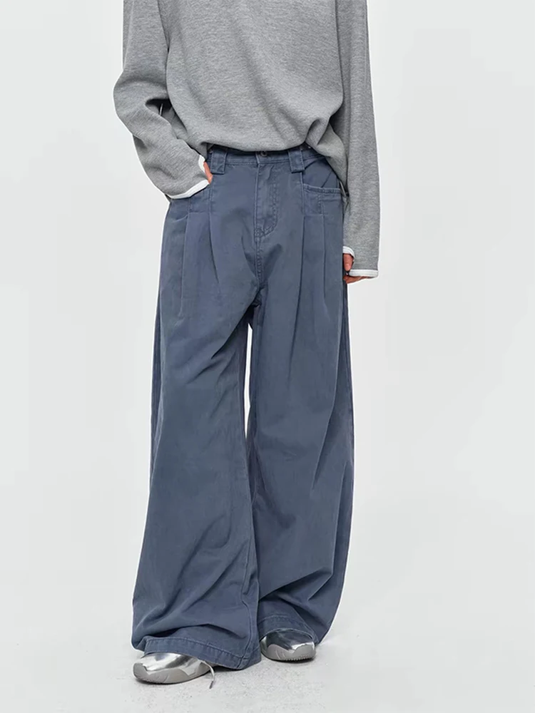Calças Jeans de Cintura Ajustável e Perna Larga para Homens e Mulheres, Estilo Casual, Lavadas, Soltas, Básicas, Longas, Esti...