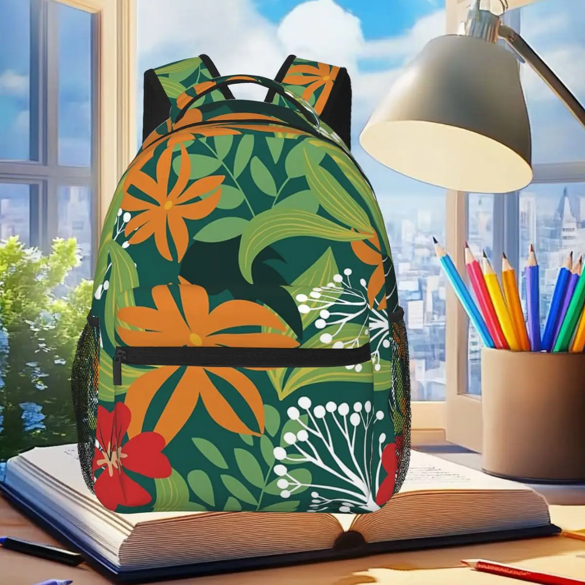 

Tropical Green Leaves And Flowers Student Boys Girls BookBag Children School Bag Laptop Shoulder Bags for Men Women