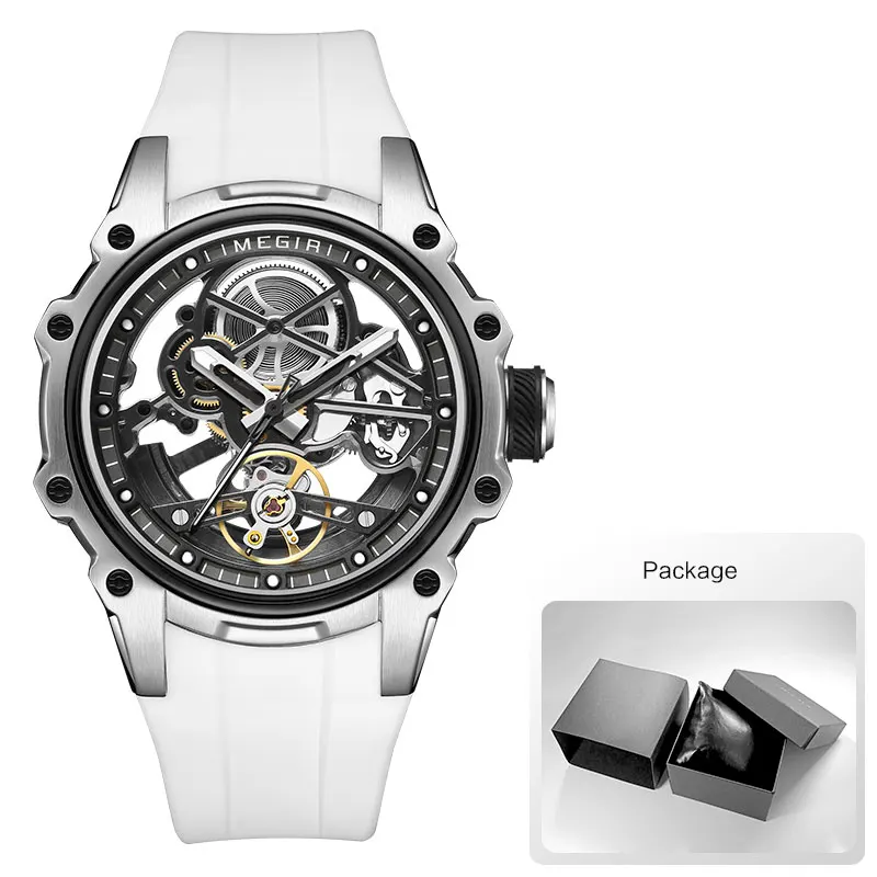 MEGIR Skeleton Dial Automatische Mechanische Uhr Männer Edelstahl Gehäuse Wasserdicht Leuchtende Sport Armbanduhr mit Silikon Armband
