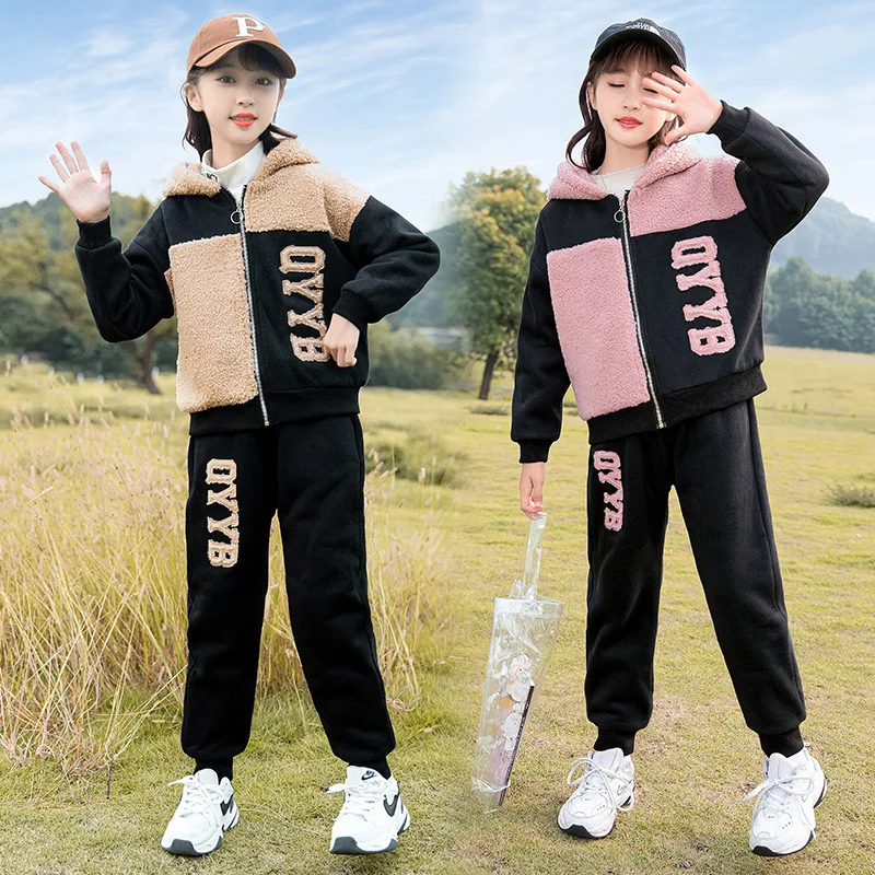 

Winter Girls Clothing Set Thicken Loose Zipper Tops + Casual Pants Suits 2pcs Teen Kids Casual Children's Outfits Kids Sportwear