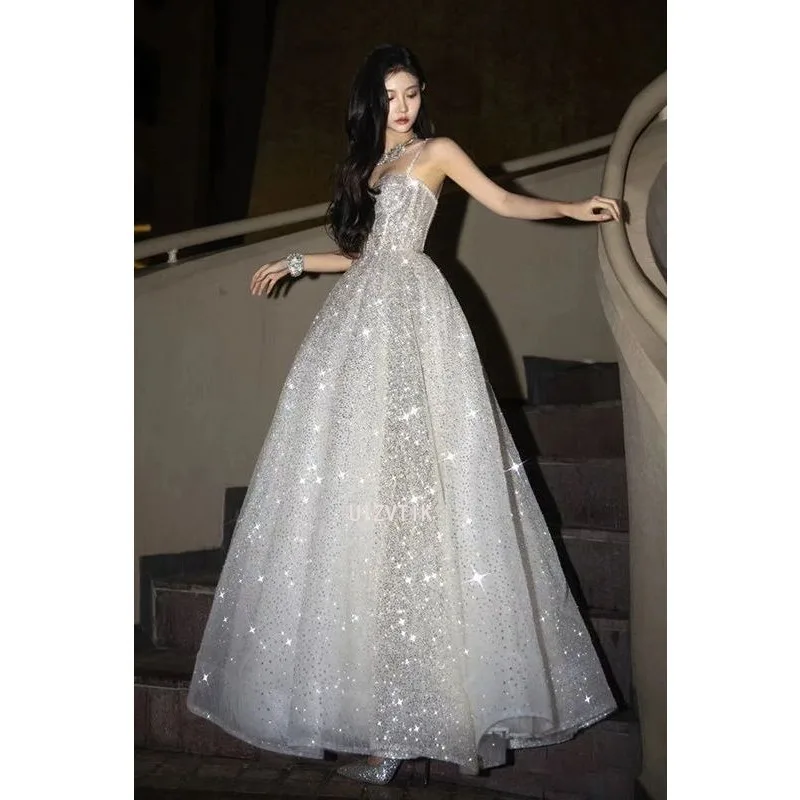 

Silver Long Evening Party Gown Wedding Dresses Luxury Women Sequined Princess Style Prom Dress Elegant Formal Occasion Dress