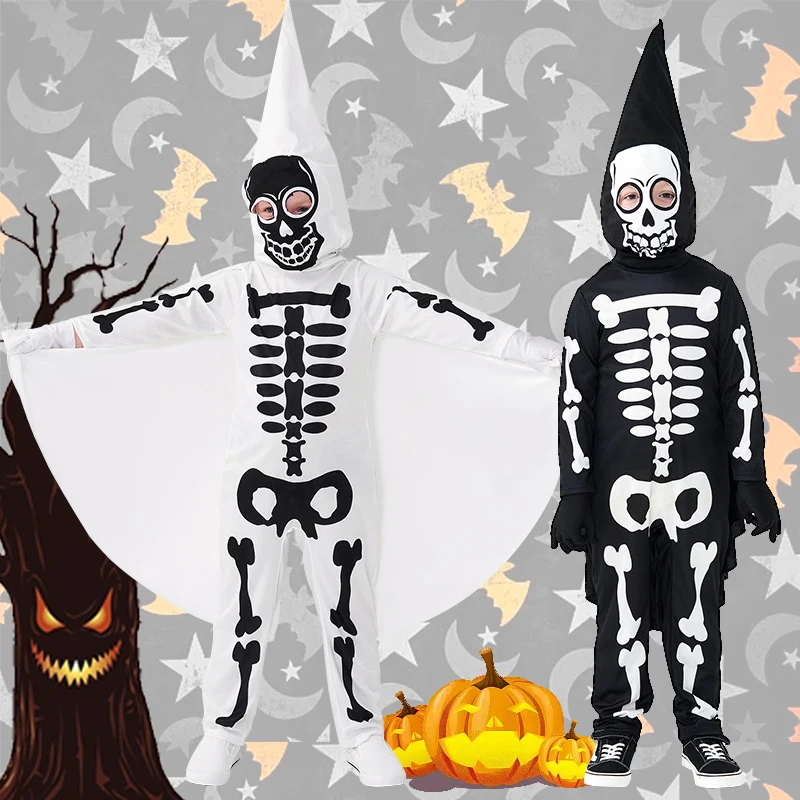 

Halloween Children Costume Scary Skeleton Jumpsuit 95-150cm Girl Boy Kids Clothing+Mash Bodysuit Black White Ghost for 2-12Years