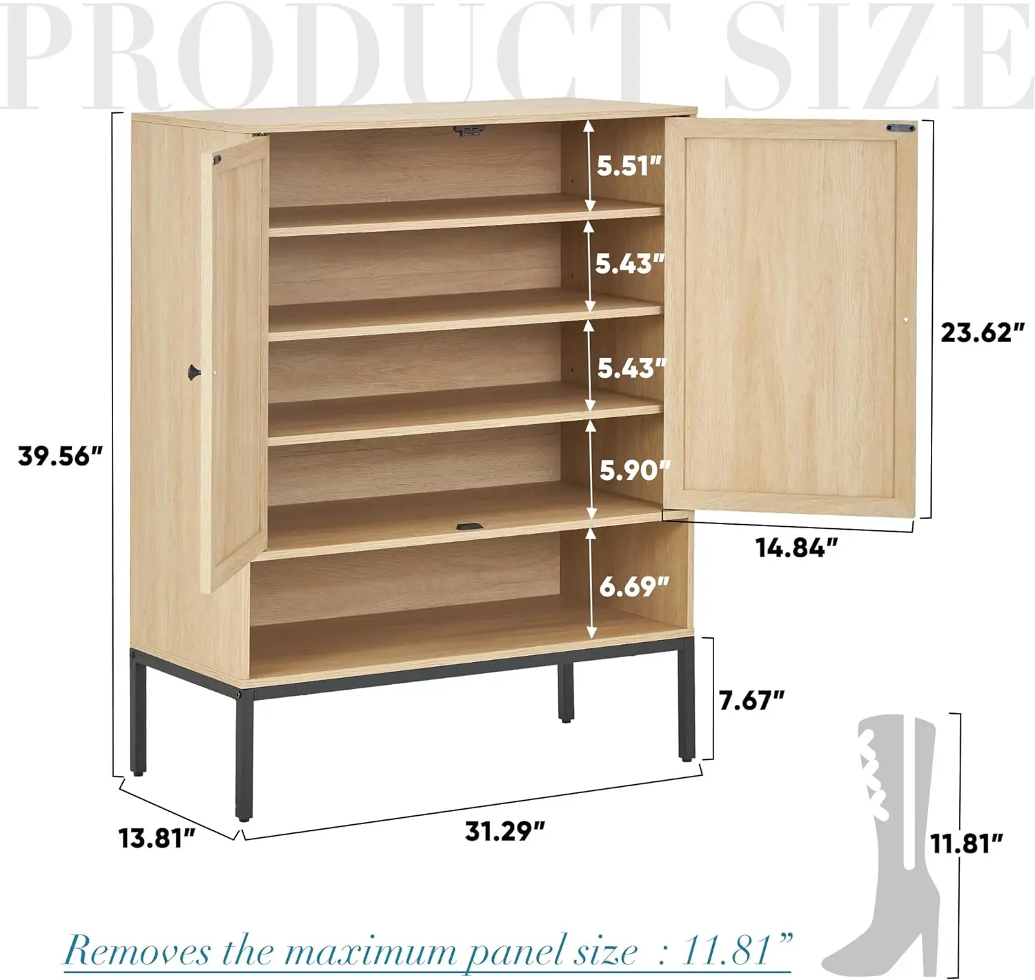 Shoe Storage Cabinet with Adjustable Shelf, 5 Tier Shoe Organizer with Natural Woven Rattan Doors, Shoe Rack (Oak)