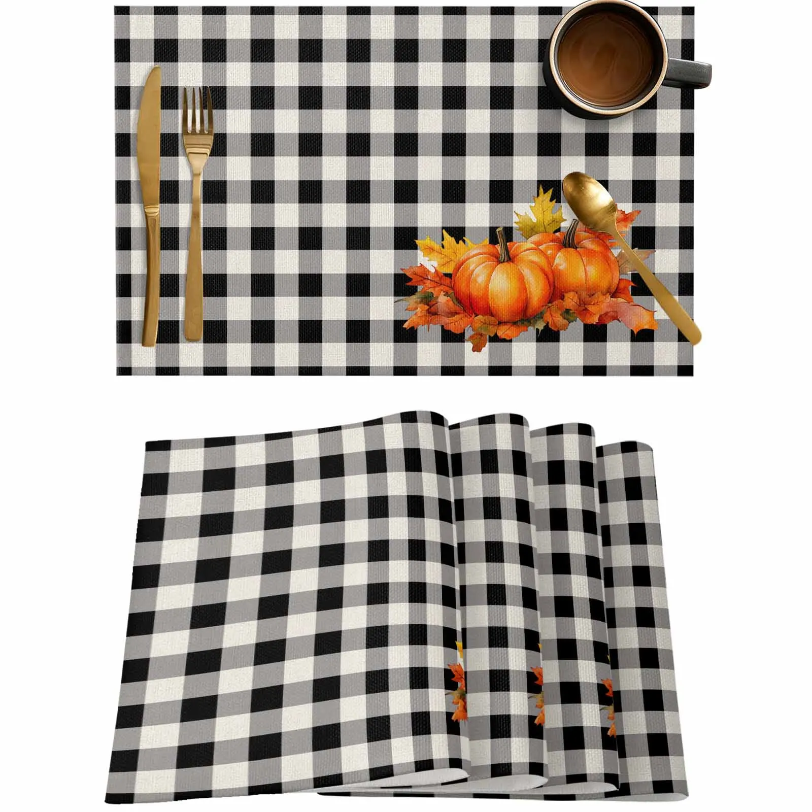 

4/6 Pcs Autumn Black White Gingham Pumpkin Placemat Wedding Party Dining Decor Linen Table Mat Kitchen Accessories