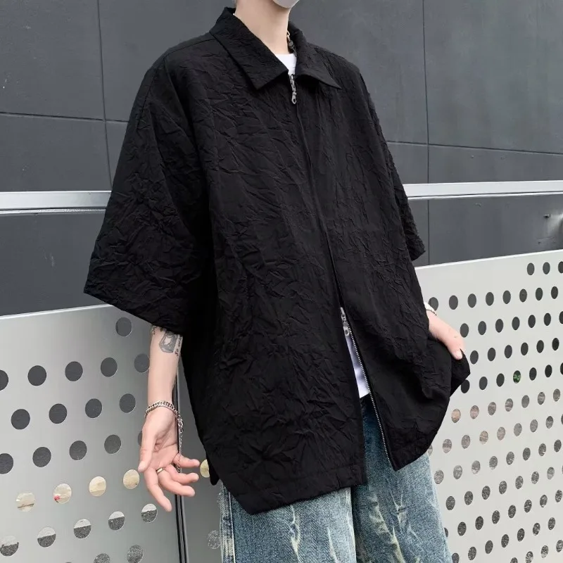 2024 Summer New Casual Split Shirt Coat Trendy Brand Pi Shuai Pointed Neck Shirt Short Sleeved Men's