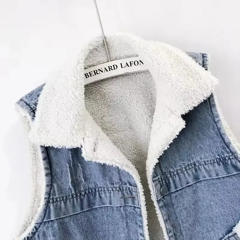 

Модная джинсовая куртка из овчины, новая женская осенняя куртка без рукавов, теплый мягкий топ с высоким воротником, повседневная одежда