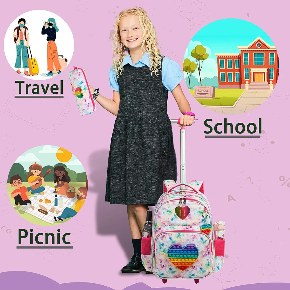 Bikab 3Pcs Kids Bagage Wielen Tas Schooltassen Voor Meisjes Met Wielen Met Lunchbox Etui Kid Bagage met Roller