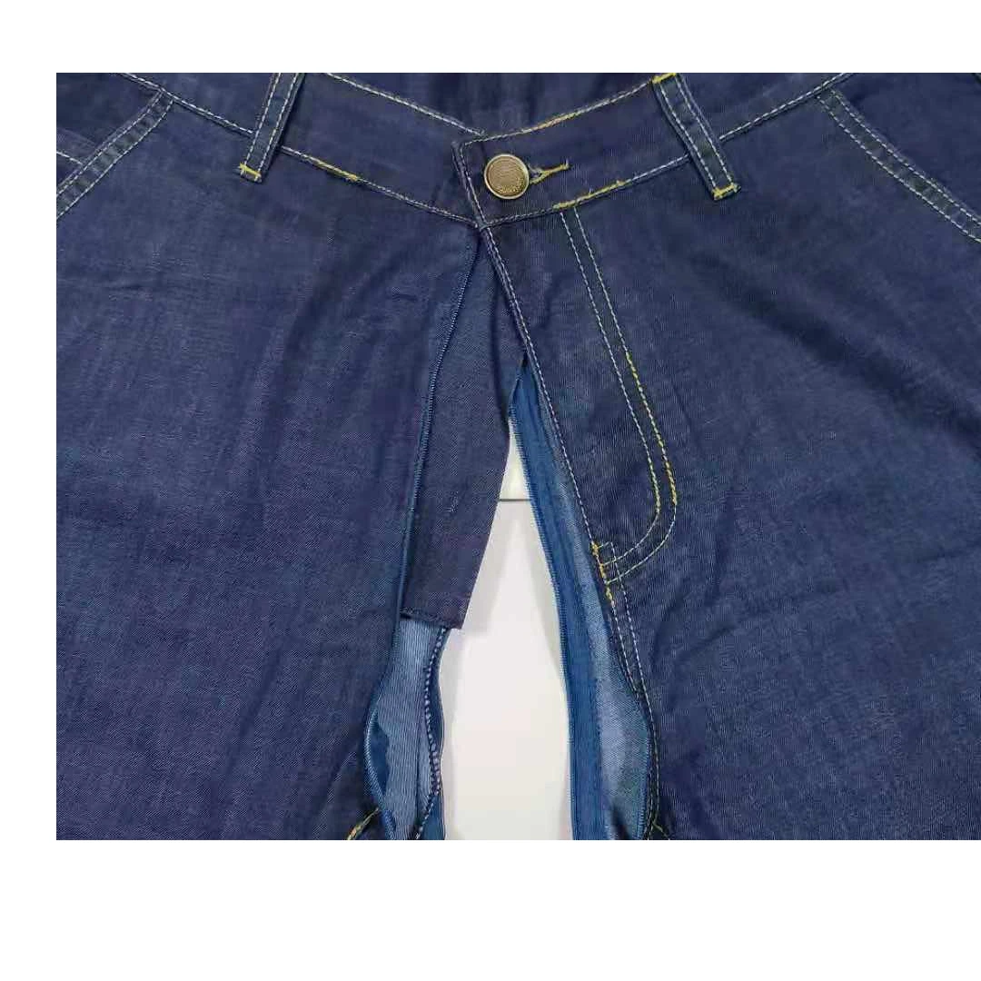 Jeans sexy de crotch aberto para homens, três zíper escondido Jeans meio curto, calças exóticas de sexo ao ar livre sem crotchless, roupa de tira gay