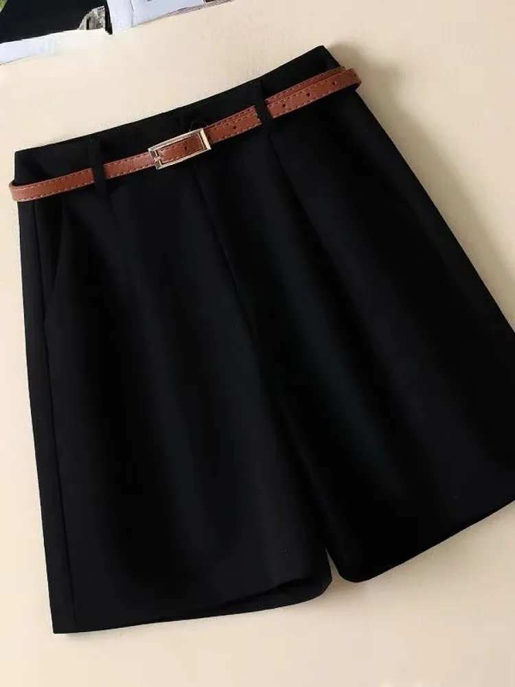 Women's Shorts Solid Casual Loose Summer Ventilate Shorts for Women High Waisted Add Belt Fashion Cotton Linen Short Pants Women