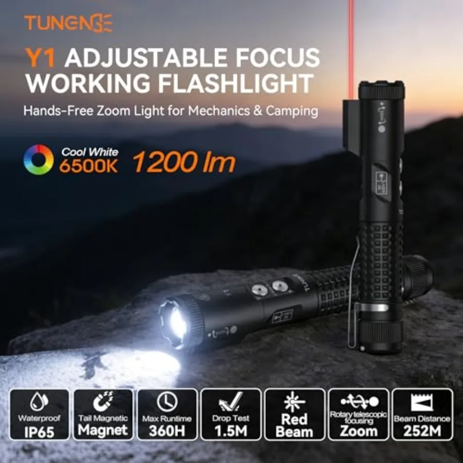 Y1 EDC Flashlight Rechargeable with White Light and Red Beam, 1200 High Lumens Zoomable LED Flash Light, Hands-Free Magnetic Wo