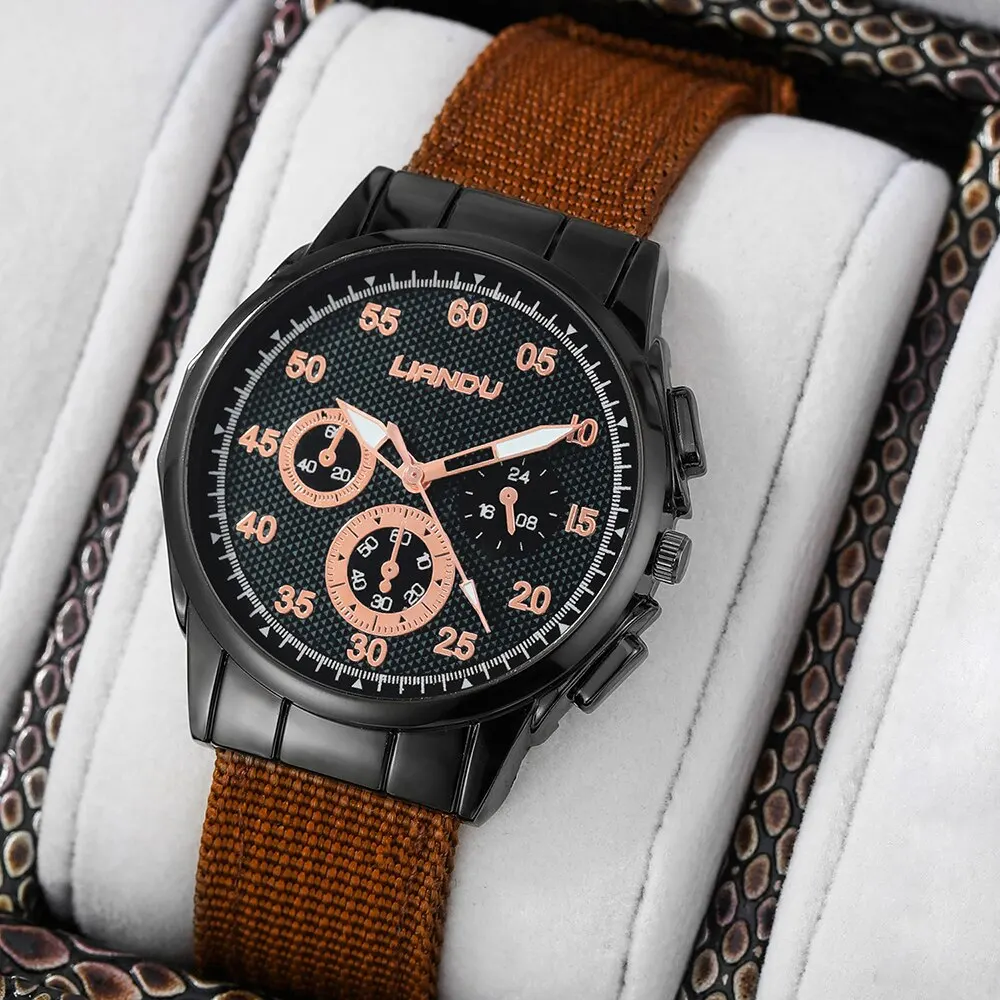 4pcs Brown Round Quartz Watch With Leather Bracelet Men Braided Nylon Business Watch Fashion Casual For Daily Sports