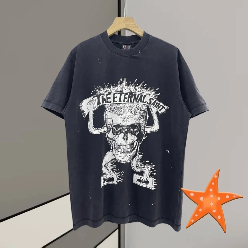 

New Casual Cartoon Skull Print Saint T-shirt for Men and Women Black Pullover Wash Water Do Old Top Tee