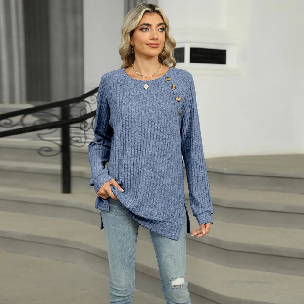 Round Neck Long Sleeve Top Stylish Women's Long Sleeve T-shirt with Button Detail Side Slits Casual Round Neck Tee for Everyday