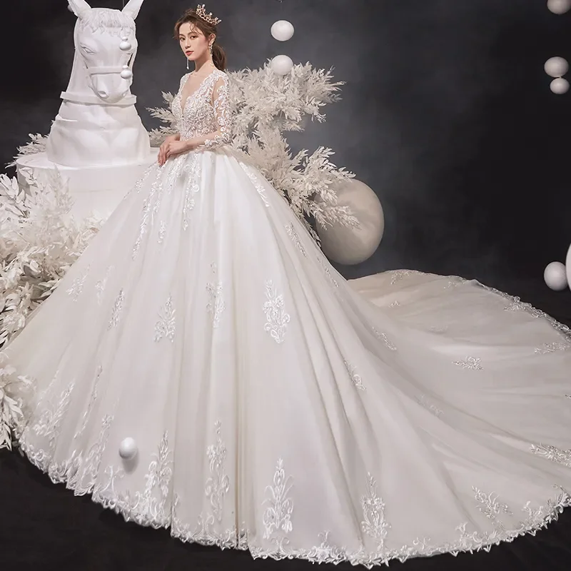 

Luxury Gorgeous Ivory Wedding Dresses 2025 Ball Gown Scoop Neck Beading Lace Flower Long Sleeve Backless Cathedral Train