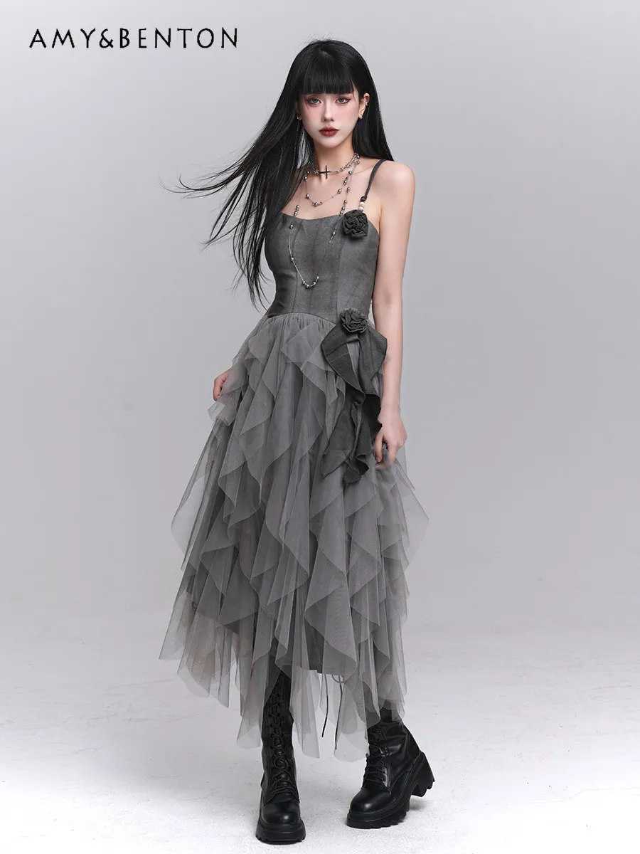 

2026 Summer New Gothic Style Gray Tulle Maxi Dress Corset Bodice Ruffle Irregular Hem Sleeveless Cami Dress for Women