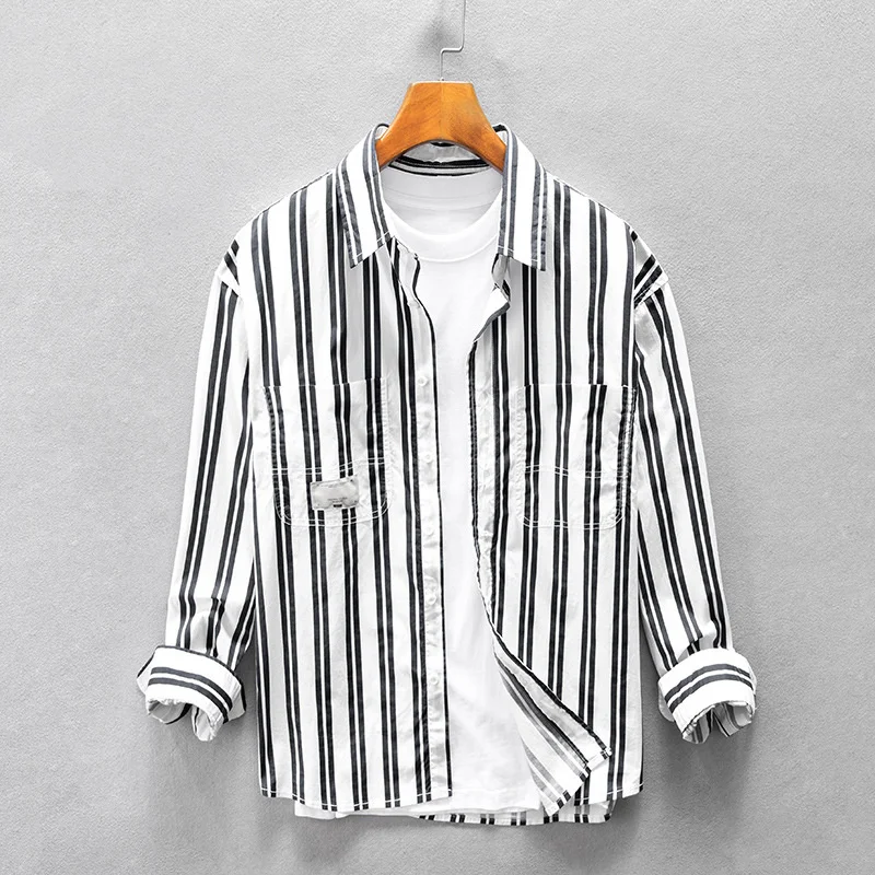 

Korean Streetwear Mens White Black Striped Shirts For Men Casual Long Sleeve Designer Tops