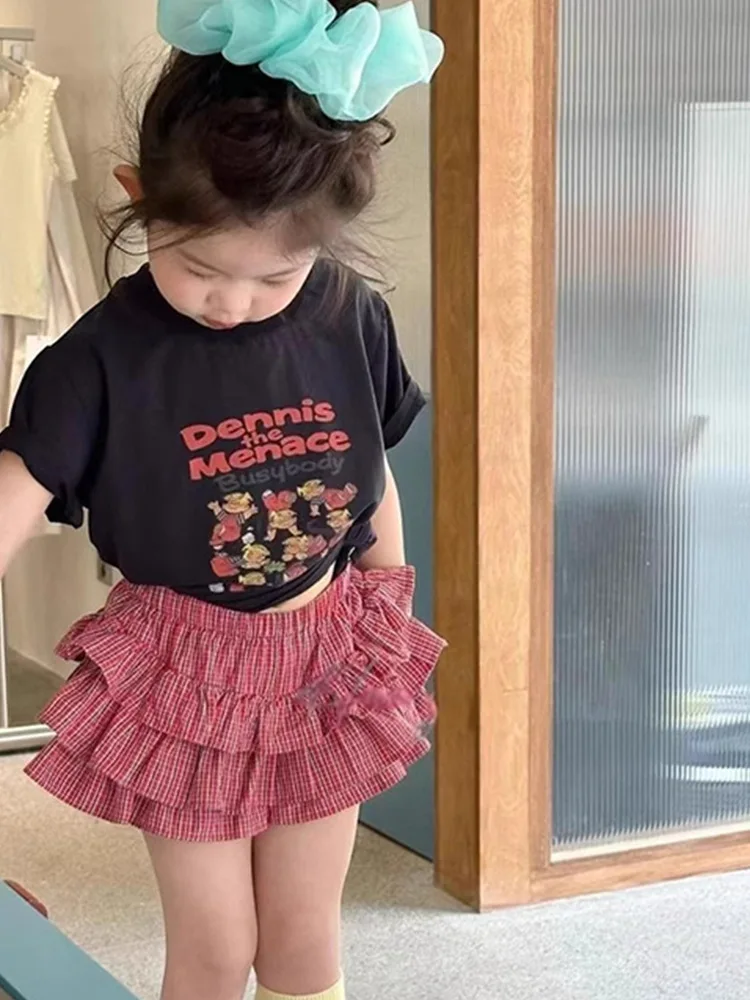 

Girls' Summer Trendy Edition2025New Cartoon Print Short Sleeve Children's Versatile Lace Cake Short Sleeve Two-Piece Set Trendy