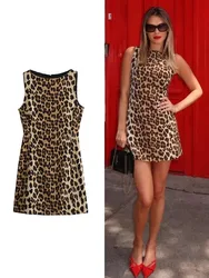 ZABA Women's Leopard Print O Neck Sleeveless Vest Dress Fashion Sexy Slim Round Neck A-Line Short Dress Vintage Party Dresses