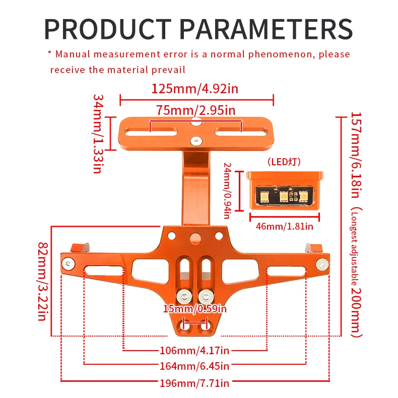 Motorcycle Spare Parts M3M5 Monkey Adjustable Aluminum Frame Bracket LED Lights Muti-colored Licence Plate Holder