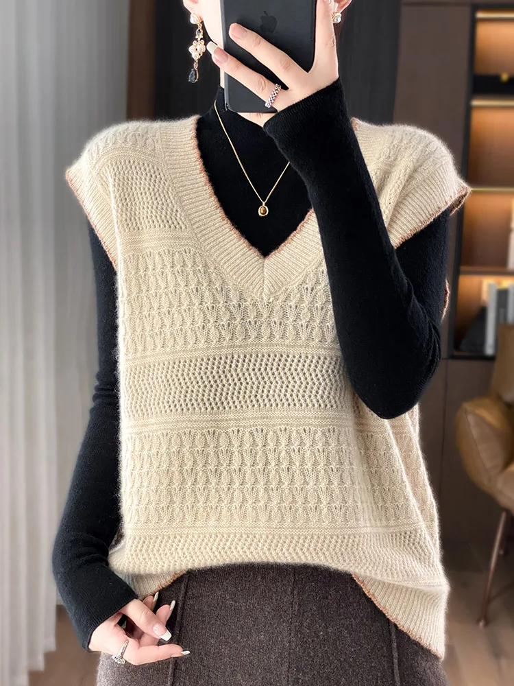 

100% Pure Wool Knitted Waistcoat Women's V-Neck Jacquard Sleeveless Sweater Fashion Loose Hollow Vest Autumn Winter New Pullover