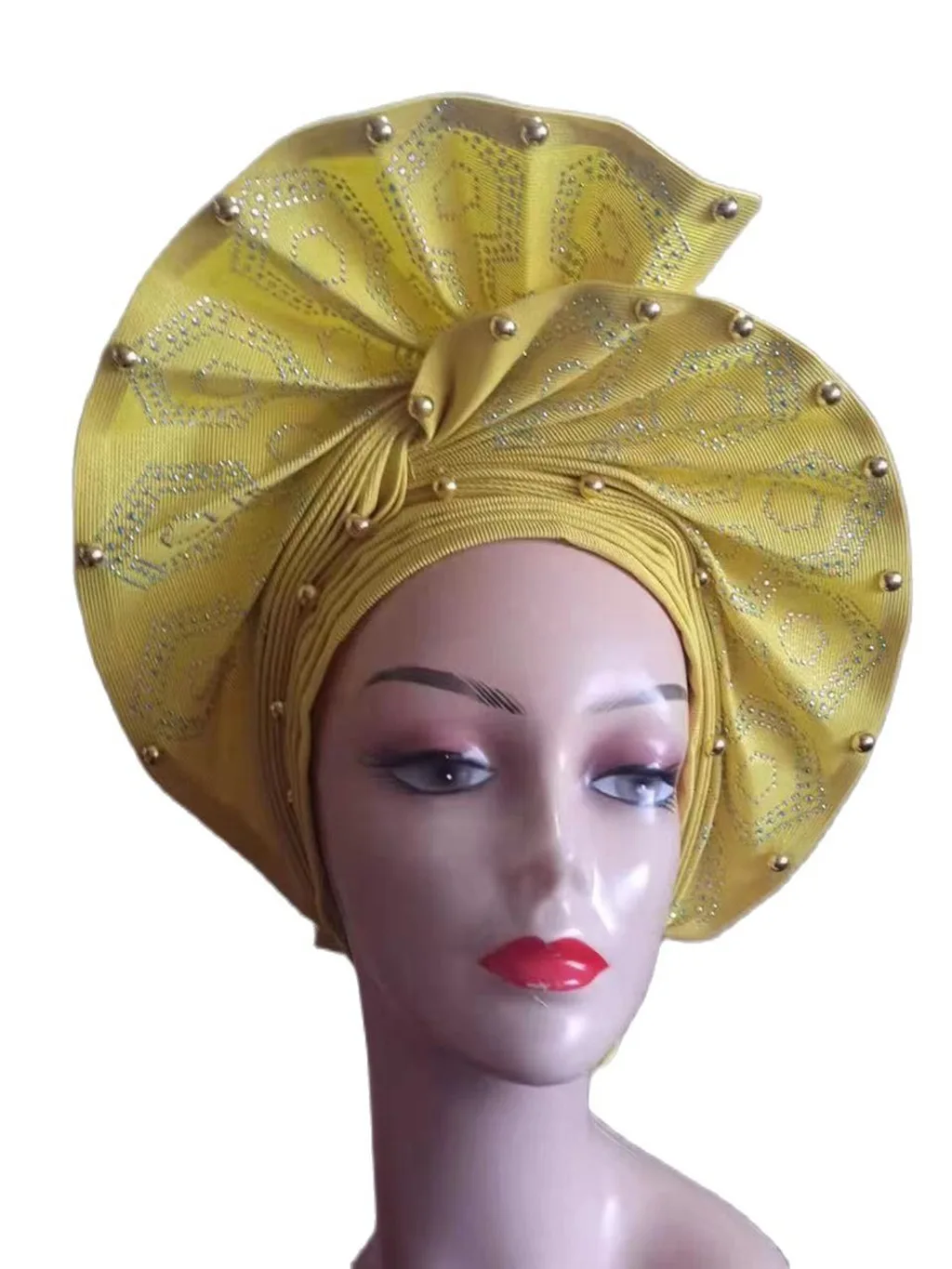 2023 Auto Gele Already Made Headtie Bonnet Nigerian Aso Oke Beads Stones Turban Femme Head Wrap African Headtie For Lady Party