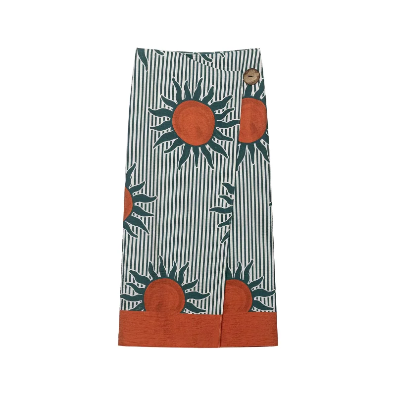 Women 2026 New Print Wrap Midi Skirt Vertical Stripe Single Button High Waist Bohemian Split Mid‑Calf Skirt Holiday Bottoms