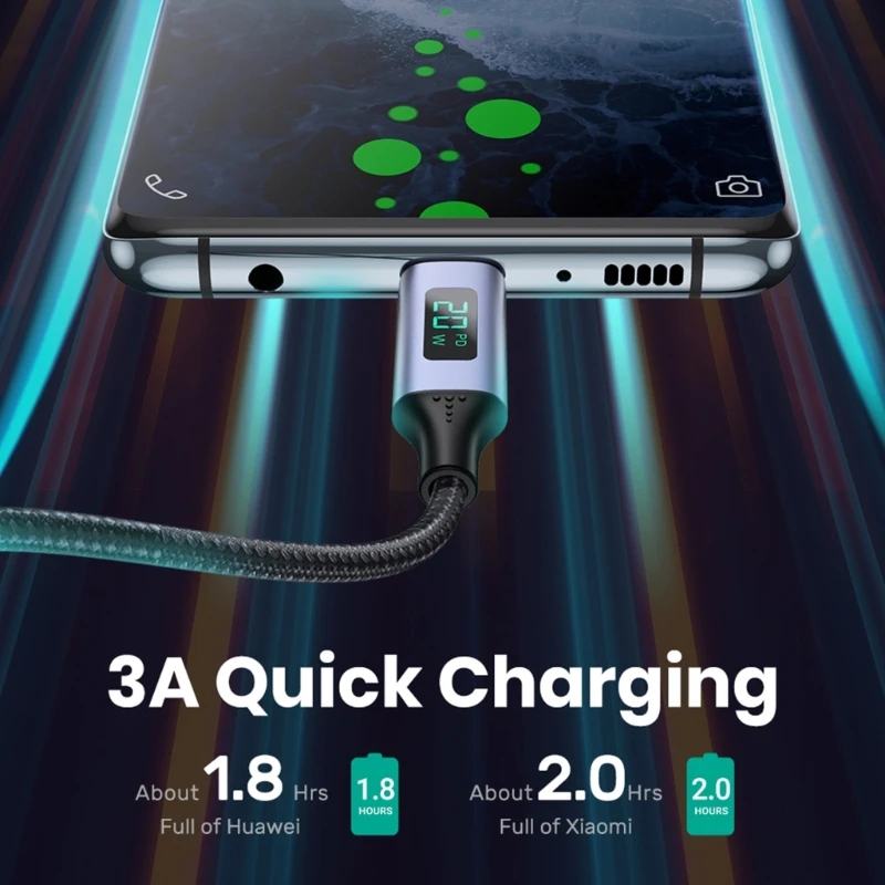كابل USB C ، 3.0A PD 20 واط LCD عرض الطاقة نوع-C شحن سريع 480Mbps سلك البيانات