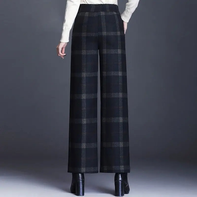 Autumn Winter Wool Thicken Plaid Fashion Women Wide Leg Pants High Waist Casual All-match Loose Office Lady Straight Trousers