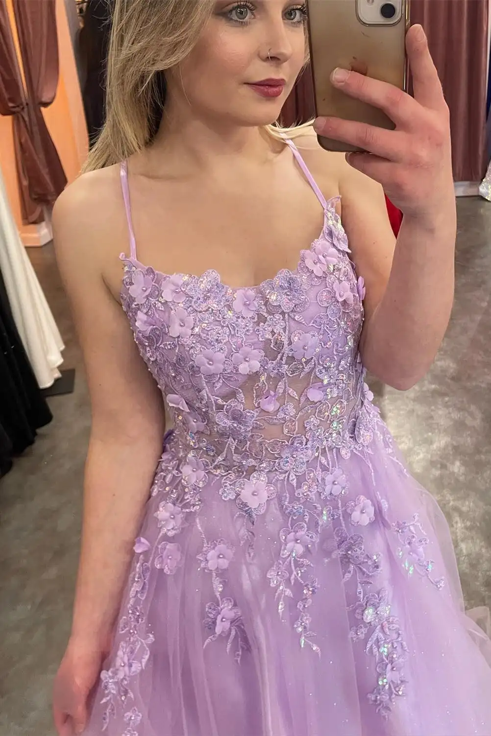 Lilac Prom Dresses Sparkly Bling Lace Applique Floral Illusion Formal Party Evening Gowns Graduation Dresses Custom made