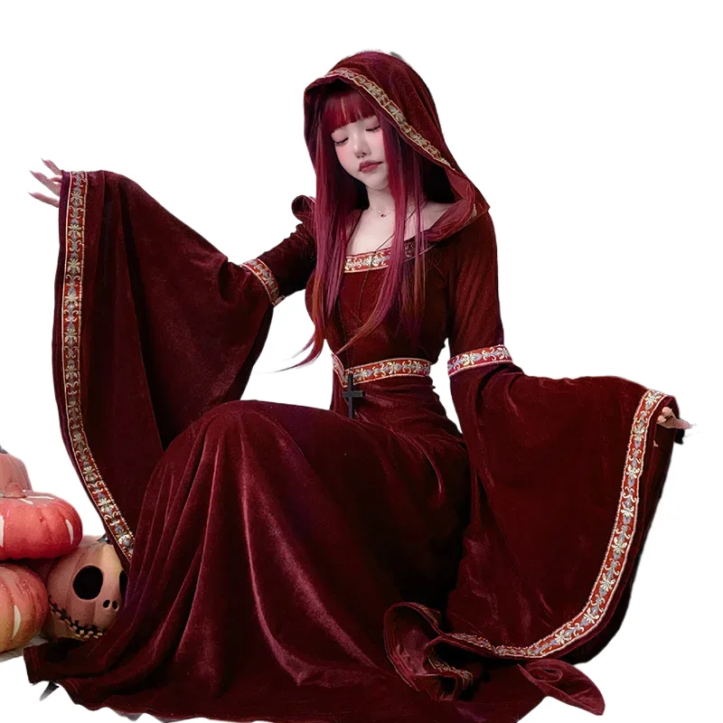 

Medieval Retro Witch Gothic Temperament Elegant Long Skirt With Red Hat Halloween Festival Party Stage Cosplay Costume
