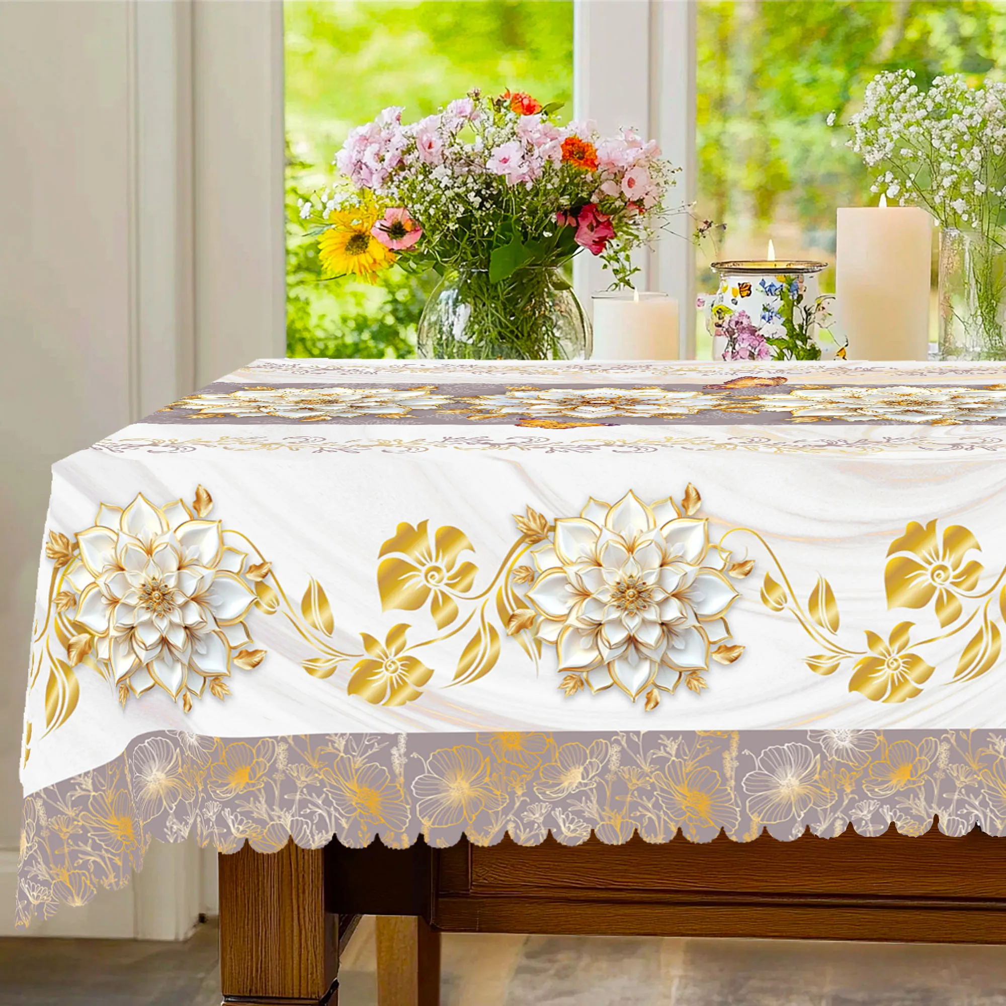 1 Piece of Elegant 3D Flower Tablecloth, Made of Purple, Gold, White Retro Color Matchinging, Butterfly Embellishment, Edge Embossing Process, Round and Rectangular, Suitable for Wedding Decoration, Party Decoration, Banquet Decoration, Kitchen Decoration, Indoor and Outdoor Table Decoration, Spring and Summer Decoration
