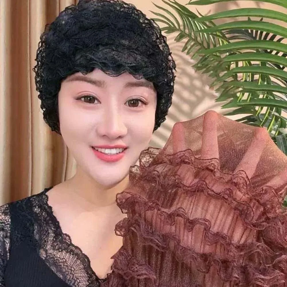 Versatile Soft Beauty Lace Curling Hat Breathable Polyester Elderly Beauty Cap Dome Solid Color Elastic Curly Hair Hat Headgear