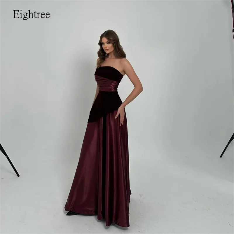 

Eightree Burgundy Strapless A Line Formal Prom Gowns Backless Tiered Evening Dress Floor Length Party Dresses Customized