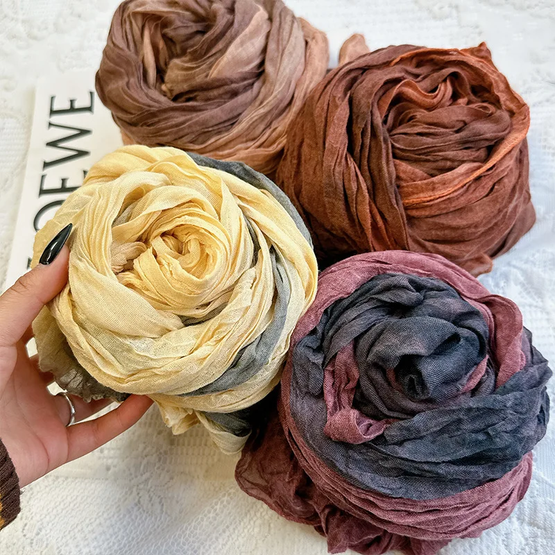 

Versatile Pleated Tie-dye Spring and Autumn Japanese Cotton and Linen Feel Scarf Silk Women's Literary Shawl Men Fashion Trends