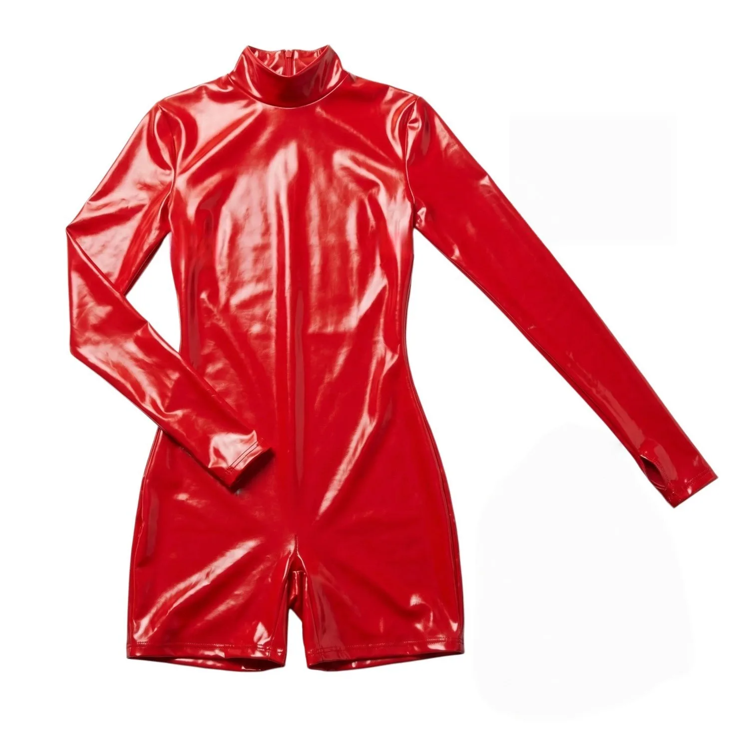Women Shiny Long Sleeve Leotard Shorts Unisex Adults Bodysuit Mock Neck Biketard Romper for Stage Performance Cosplay Costumes