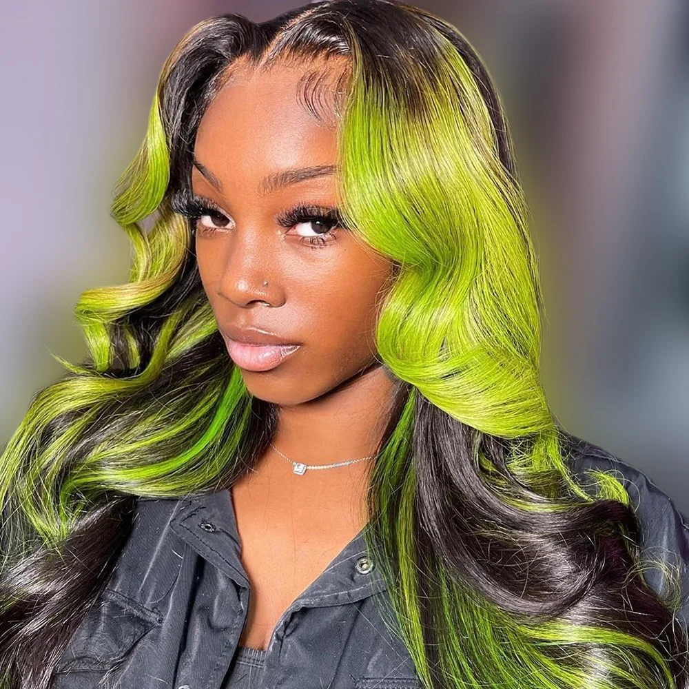 

Highlight Green/Black Body Wave Human Hair Wigs 13x4 Transparent Lace Front Human Hair Wigs Pre-Plucking Colored 613 Hair Wig
