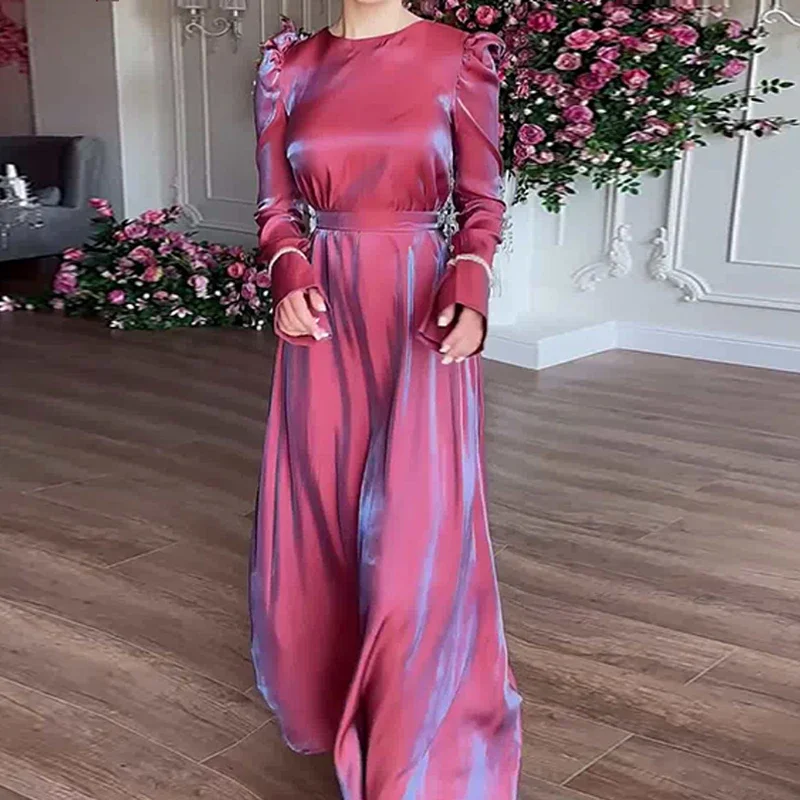 

Spring Elegant O-neck Sparkling Glazed Satin Dress Women Sexy Lace-up Belted Long Party Dress Autumn Long Sleeve Boho Maxi Dress