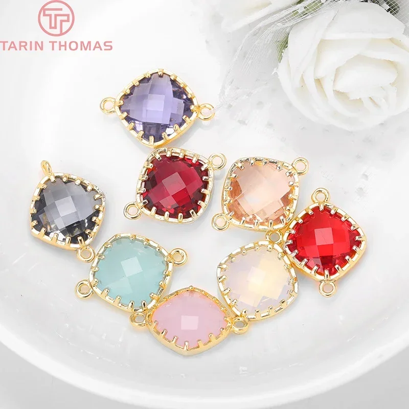 (1718)4PCS 13x18MM Hole 1MM 24K Gold Color Plated Brass with Colourful Glass Beads 2 holes Connect Charms Accessories