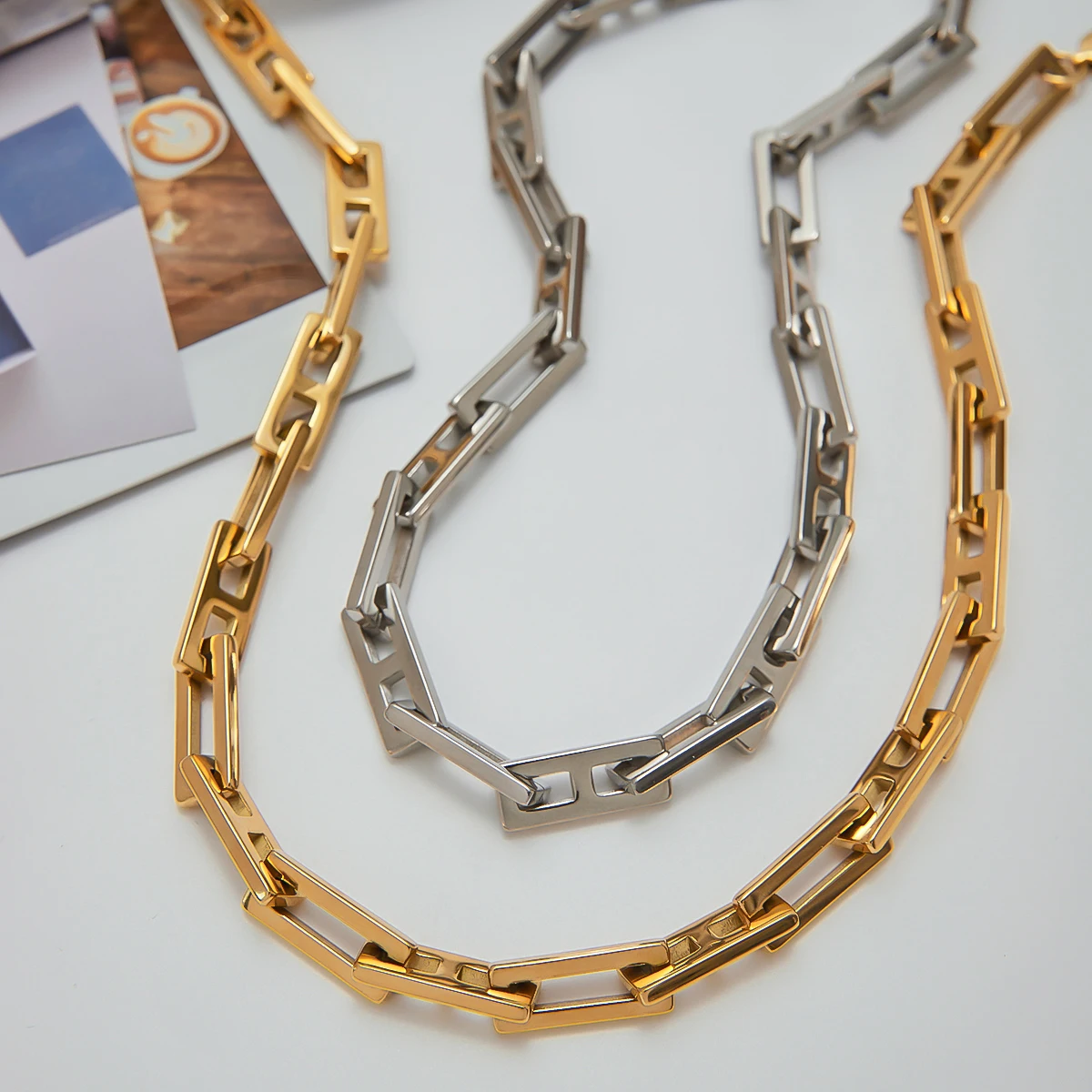 AIKOER Simple Classic Stainless Steel Geometric Chain Necklace Bracelet Set Square Handmade Chain Stackable Necklace Women's Jew