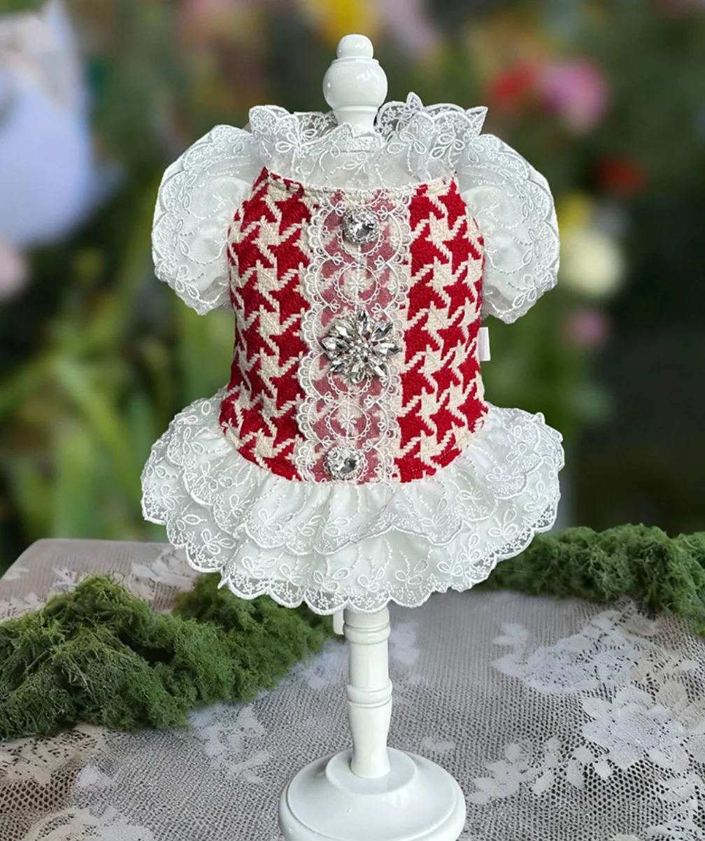 

Classic Red Checkered Wool Design Pet Dress - Luxurious Dog Lace Winter Dress