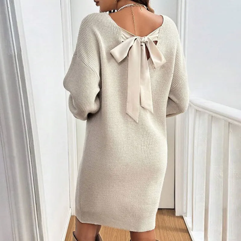 

Women Bow Sweater Tie Back Long Sleeve Crew Neck Knitted Sweater Pullover Tops Chic Knit Top Loose Fit V Nek Jumper Long Dress
