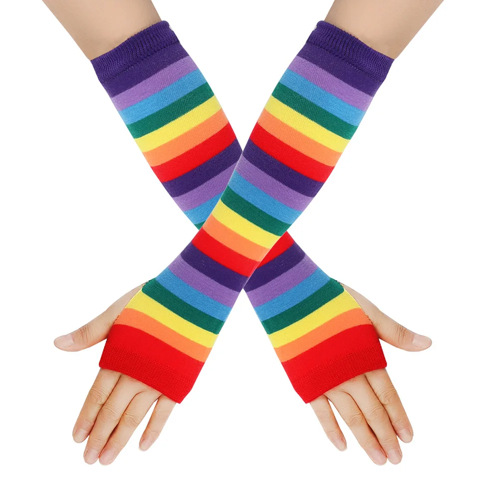 Women Rainbow Striped Elbow Gloves Long Fingerless Gloves Striped Knitted Elbow Mittens Cotton Wrist Sleeves Arm Warmer